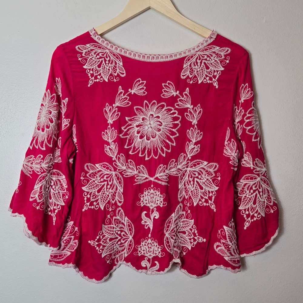 Solitaire Pink Floral Embroidered Boho Bell Sleeve Blouse Top Large 21-1014 - Picture 2 of 5